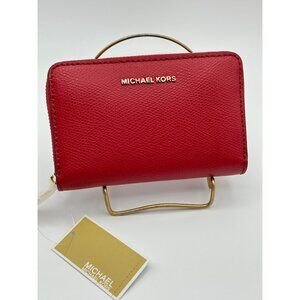 Michael Kors Jet Set Pebble Leather Small Zip-Around Card Case Crimson Red NEW